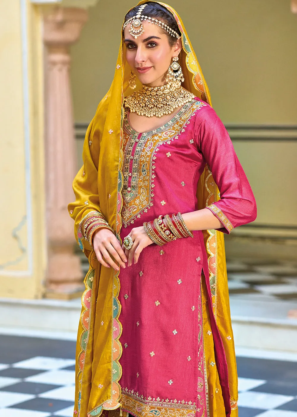 Multicolor Pink Premium Silk Kurti Style Lehenga Suit