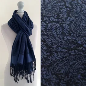 NAVY BLUE PAISLEY PRINT REVERSIBLE PASHMINA SHAWL SCARF