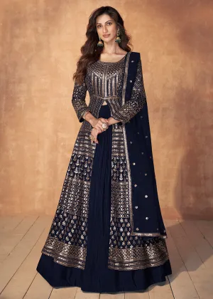 Navy Blue Skirt Style Embroidered Wedding Anarkali Suit