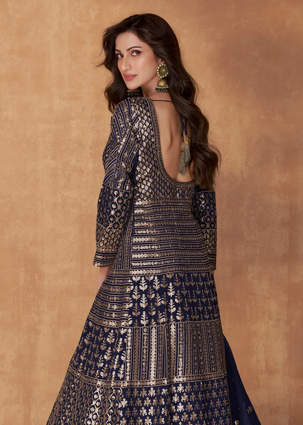 Navy Blue Skirt Style Embroidered Wedding Anarkali Suit