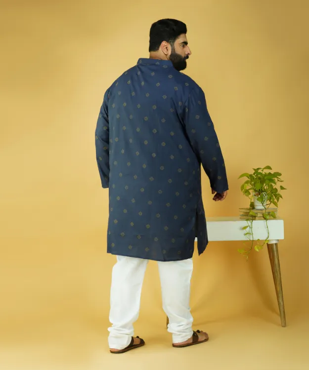 Navy Blue Textured Straight Cotton Kurta Set