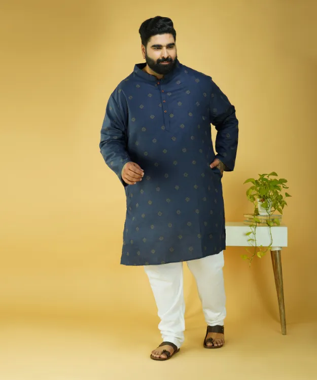 Navy Blue Textured Straight Cotton Kurta Set