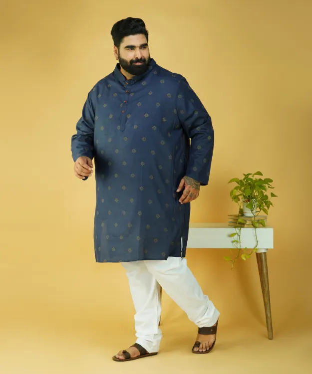 Navy Blue Textured Straight Cotton Kurta Set