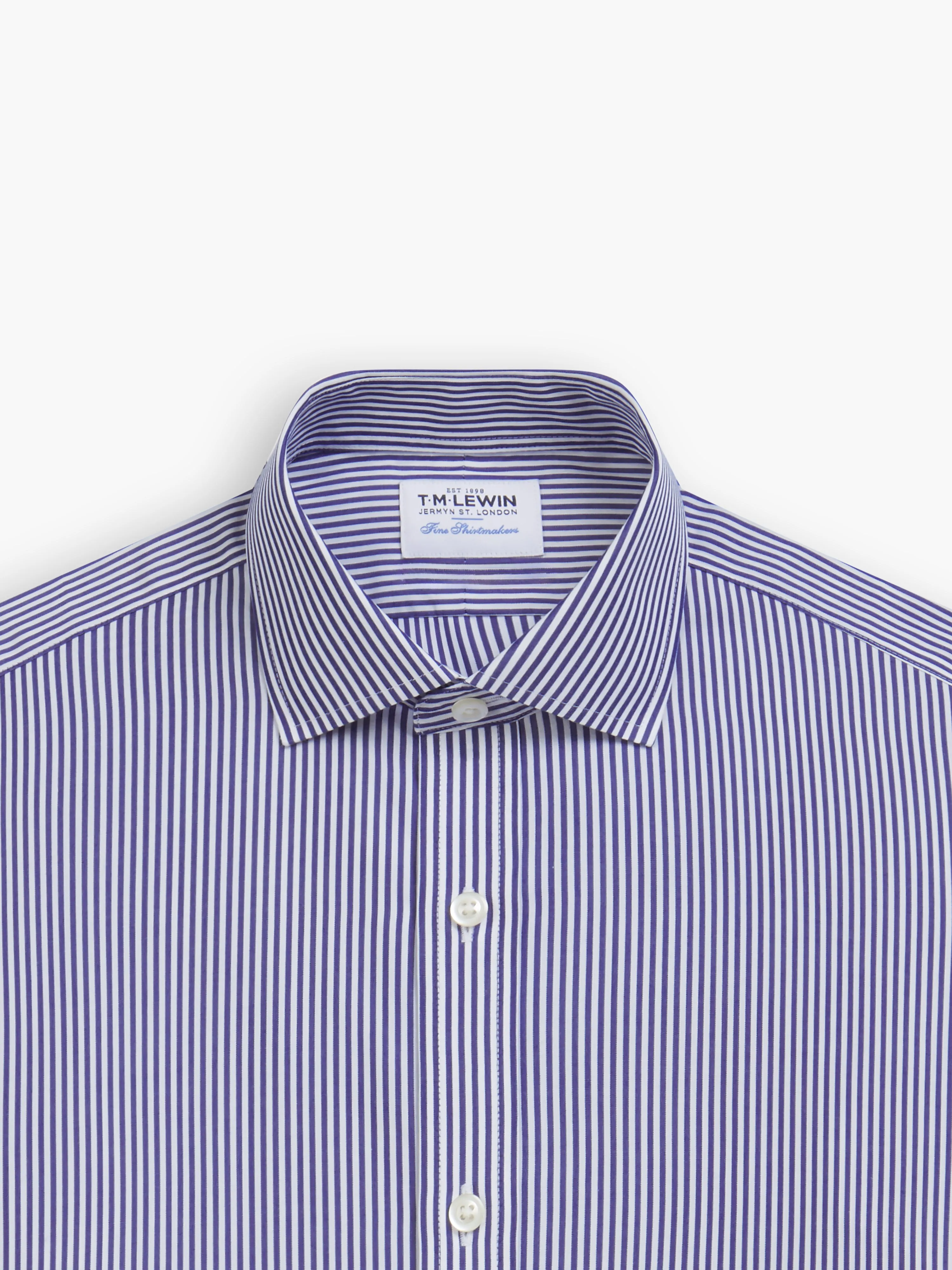 Non-Iron Navy Blue Wide Stripe Poplin Slim Fit Single Cuff Classic Collar Shirt