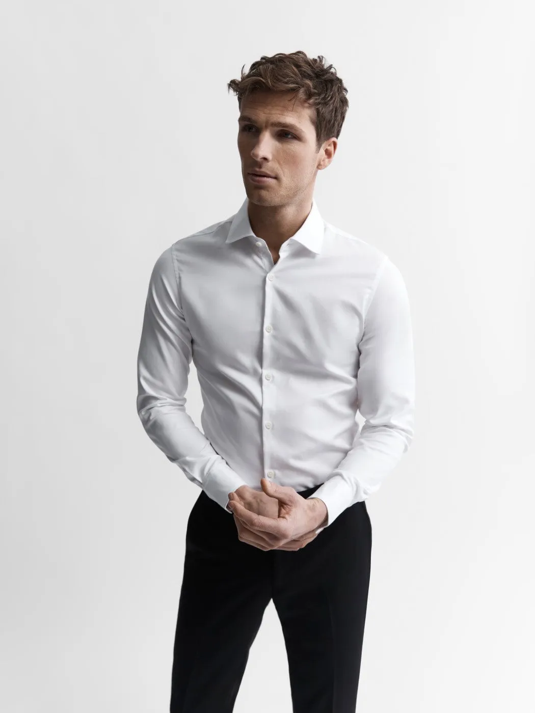 Non-Iron White Twill Super Fitted Single Cuff Classic Collar Shirt