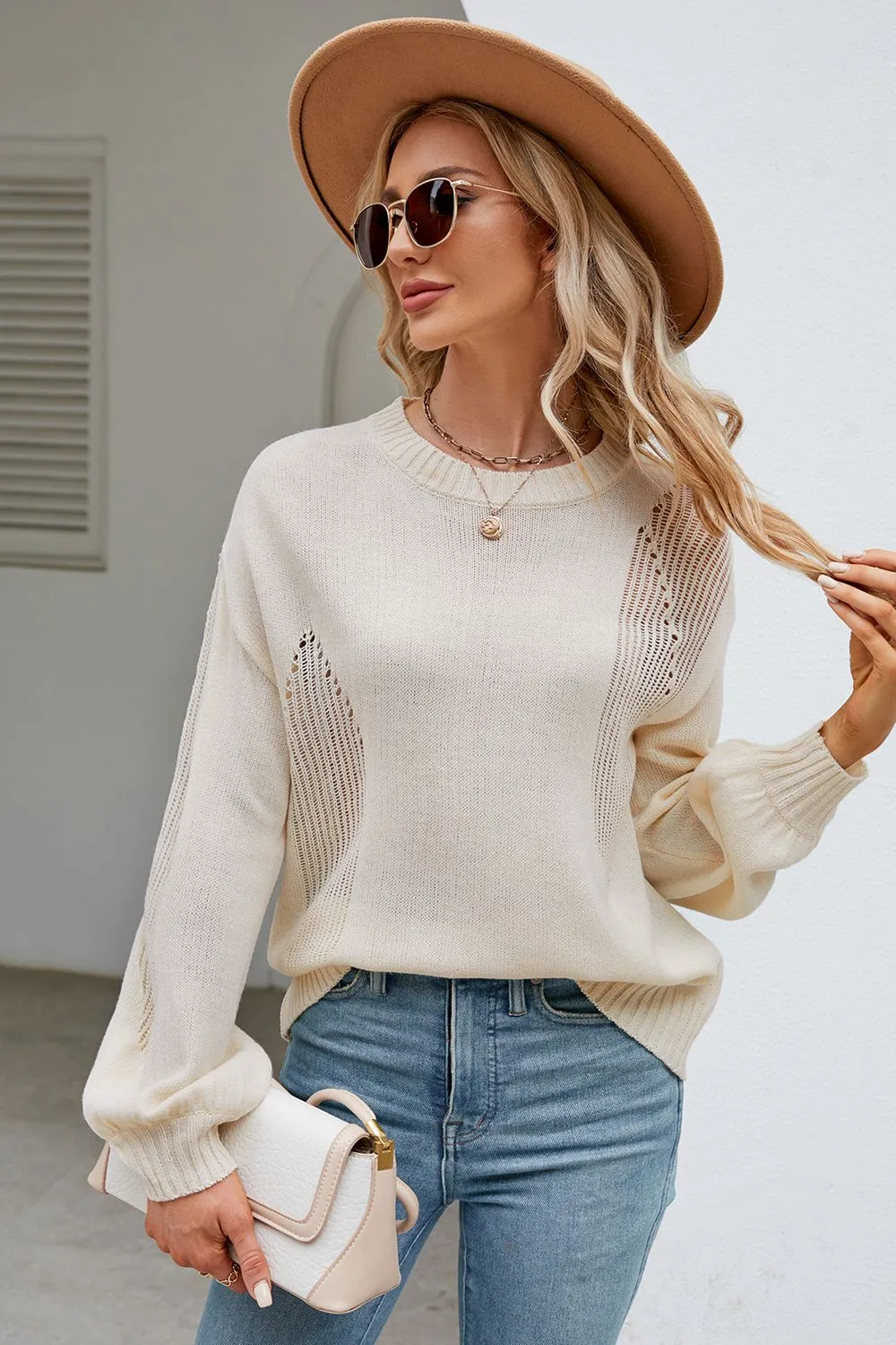 Openwork Round Neck Dropped Shoulder Knit Top