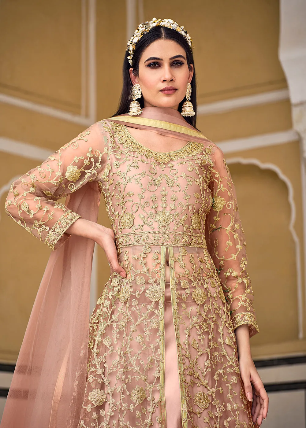 Peach Skirt & Pant Style Designer Anarkali Suit