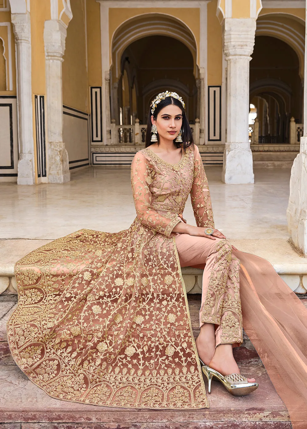 Peach Skirt & Pant Style Designer Anarkali Suit