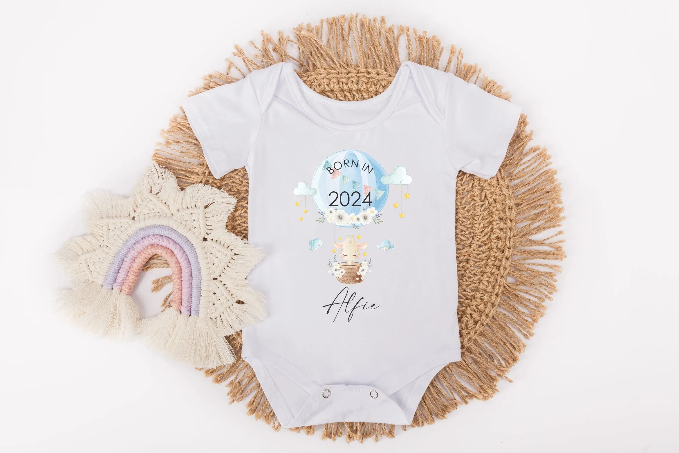 Personalised Born in 2024 Rompersuit or Vest - Giraffe