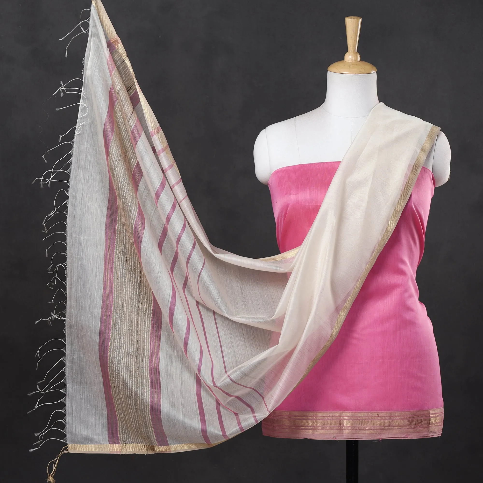 Pink - 2pc Maheshwari Silk Handloom Suit Material Set with Zari Border