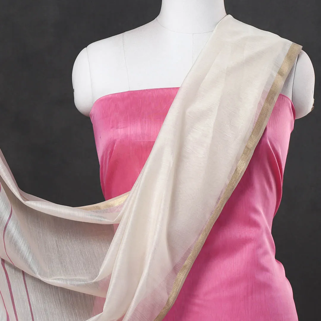 Pink - 2pc Maheshwari Silk Handloom Suit Material Set with Zari Border