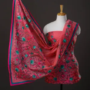 Pink - 3pc Hand Embroidery Chanderi Silk Phulkari Dress Material 53