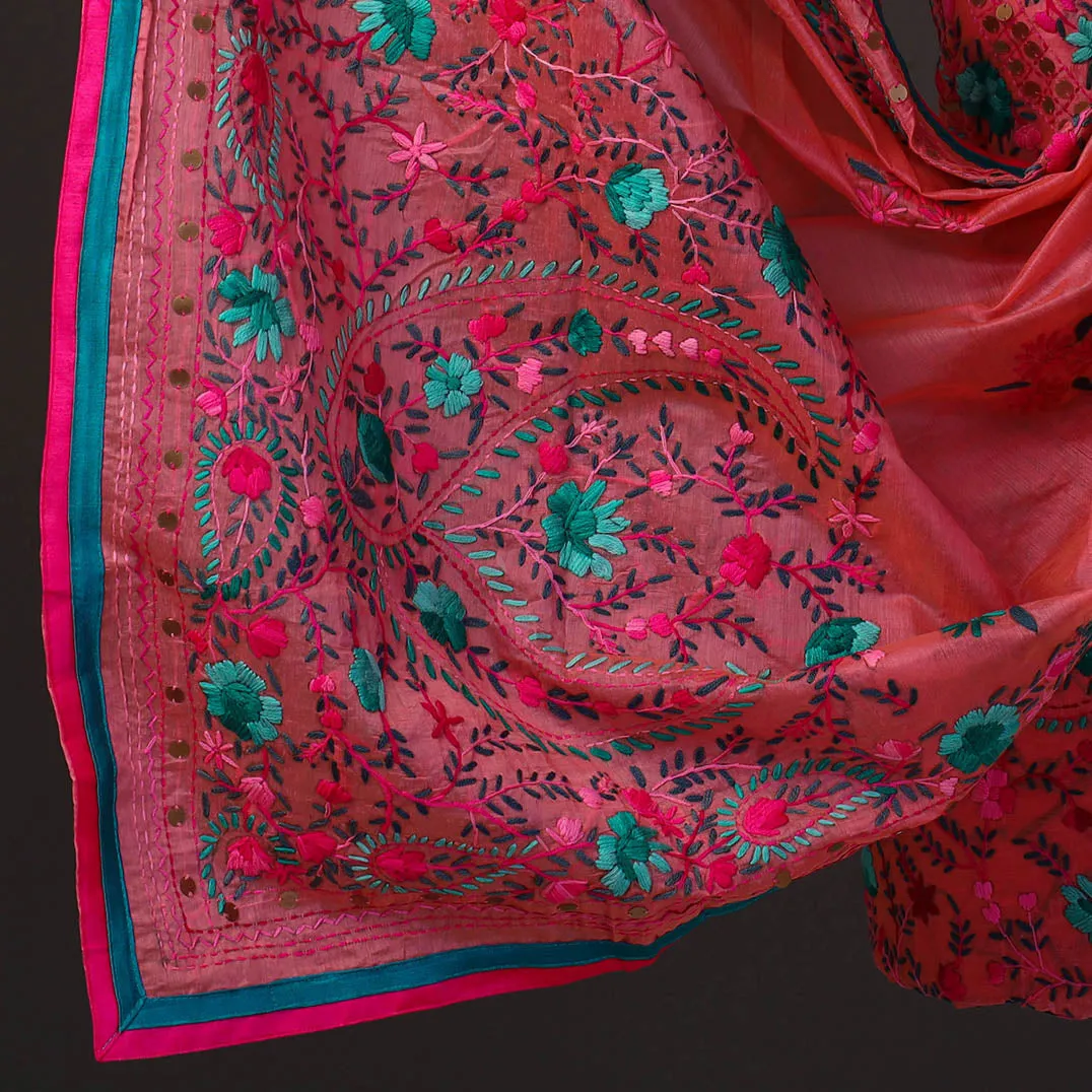 Pink - 3pc Hand Embroidery Chanderi Silk Phulkari Dress Material 53