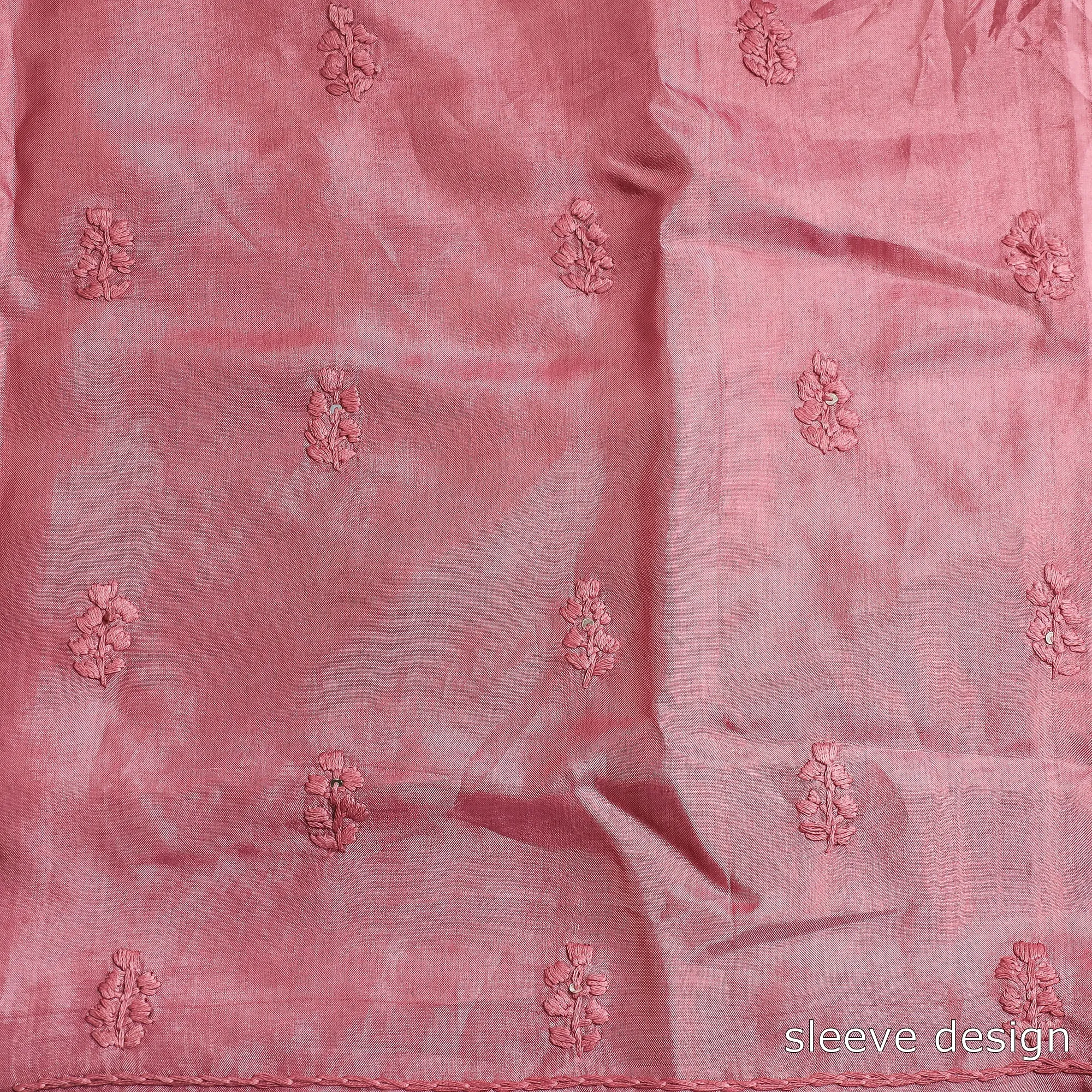 Pink - 3pc Hand Embroidery Dupion Silk Phulkari Dress Material 43