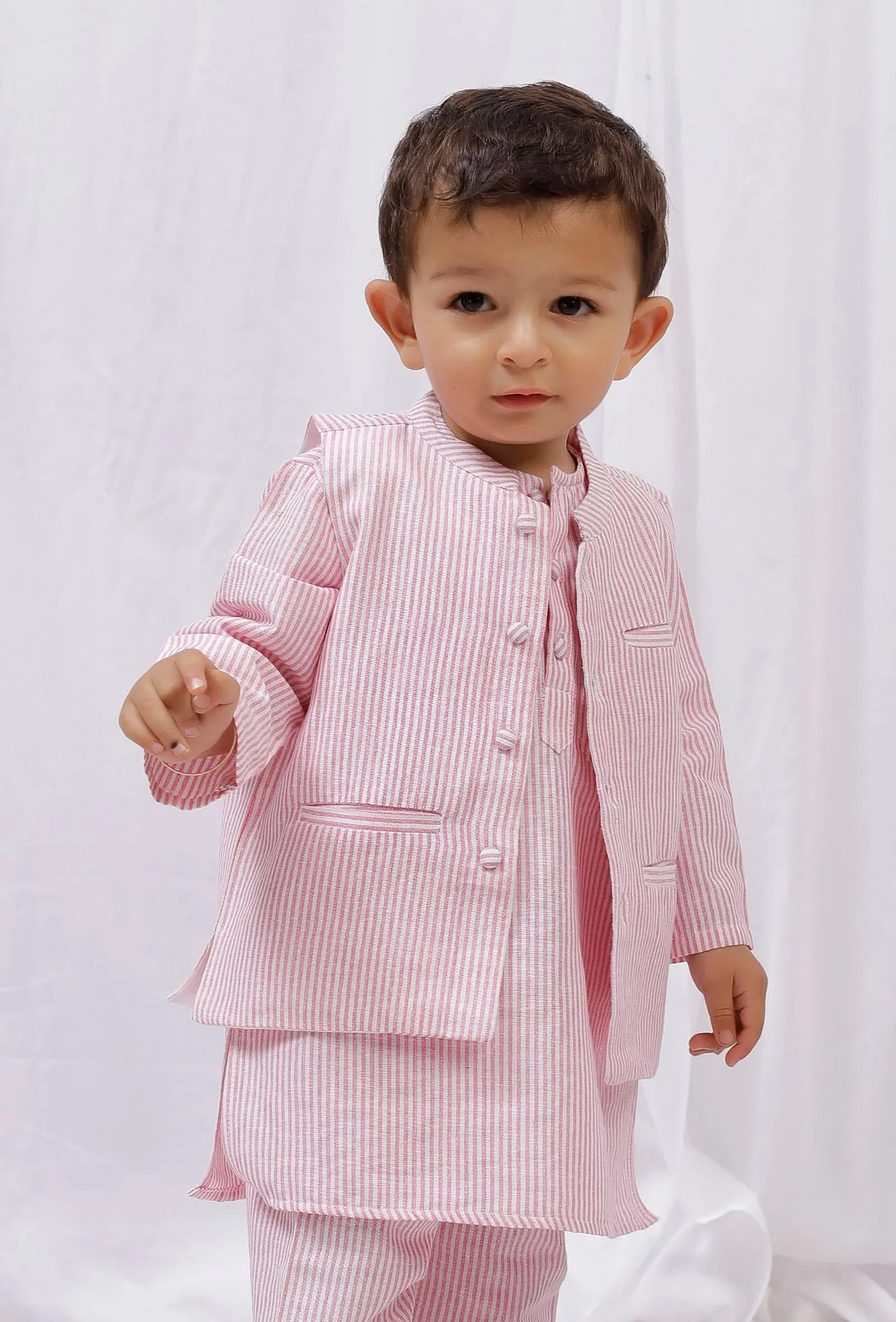 Pink Striped Nehru Cotton Sleeveless Jacket