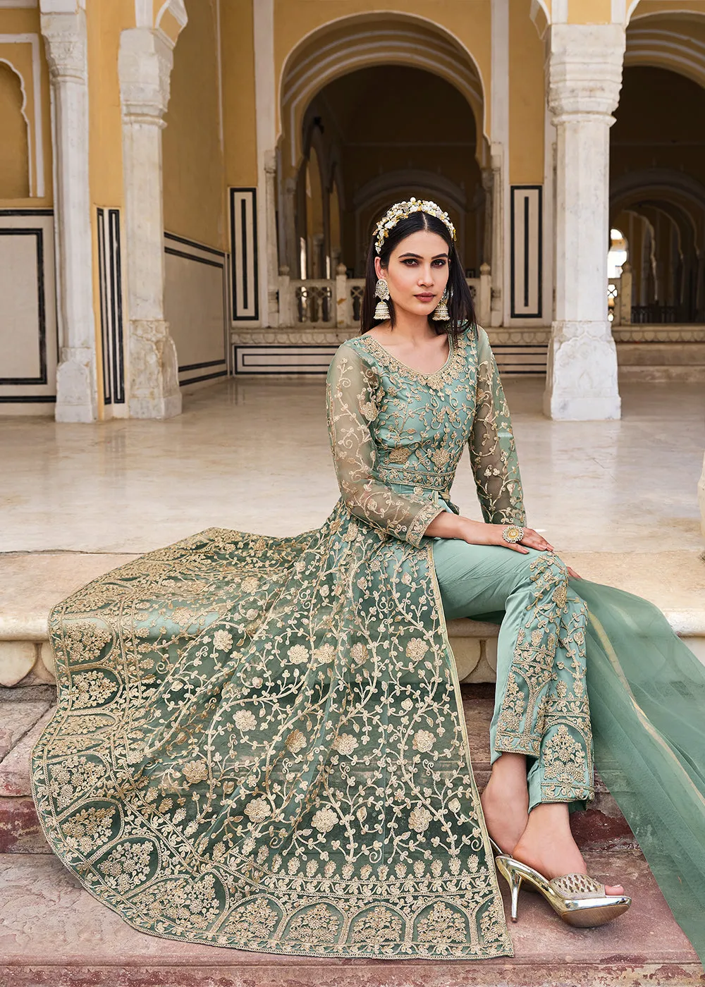 Pistachio Green Skirt & Pant Style Designer Anarkali Suit