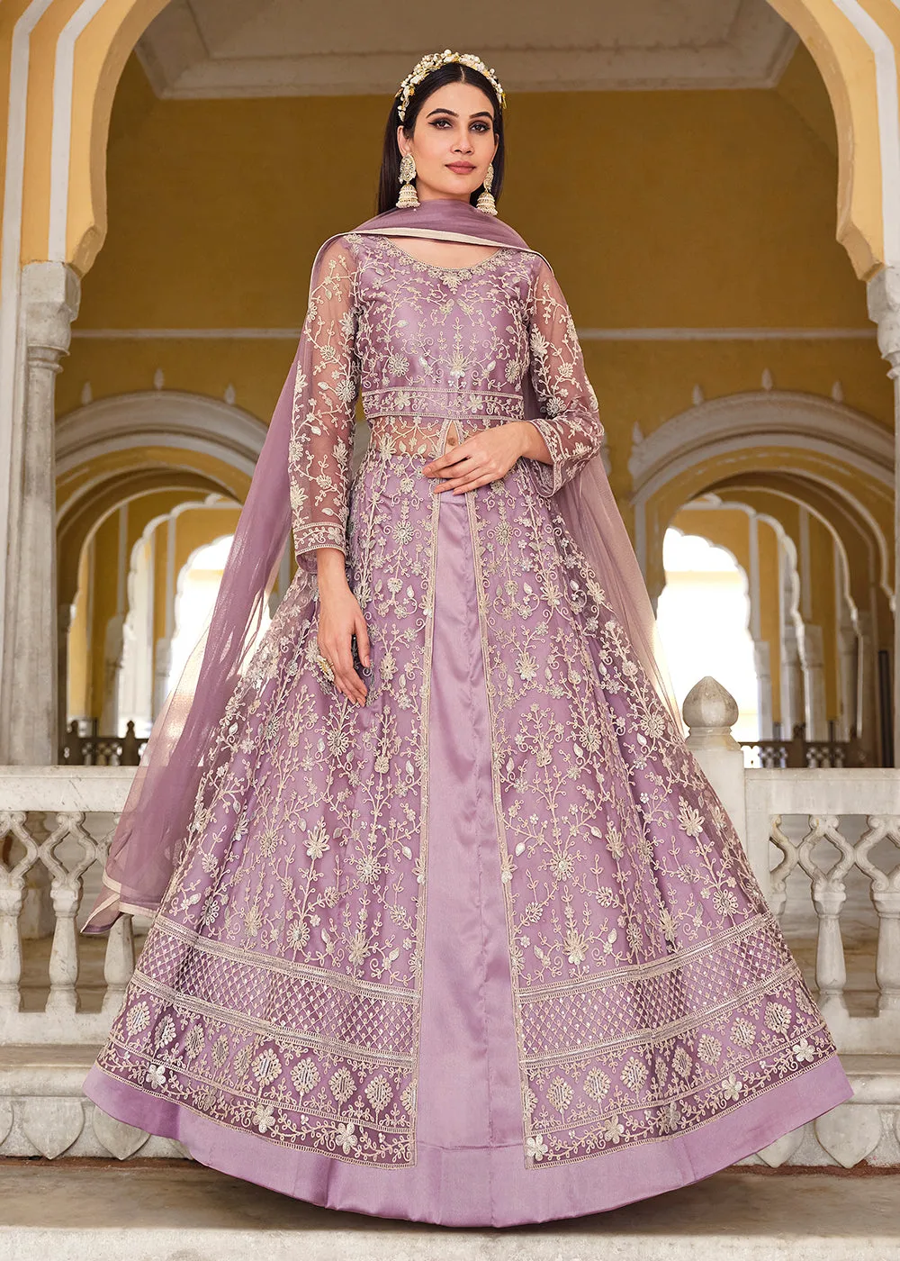 Plum Lavender Skirt & Pant Style Designer Anarkali Suit