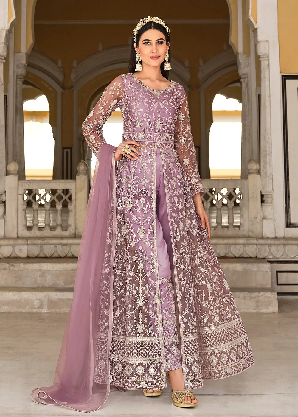 Plum Lavender Skirt & Pant Style Designer Anarkali Suit