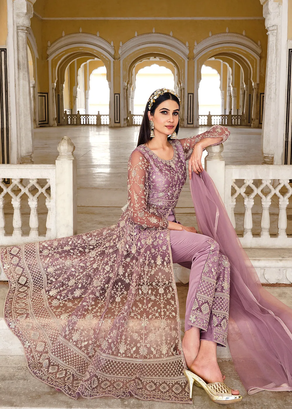 Plum Lavender Skirt & Pant Style Designer Anarkali Suit