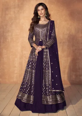 Plum Purple Skirt Style Embroidered Wedding Anarkali Suit