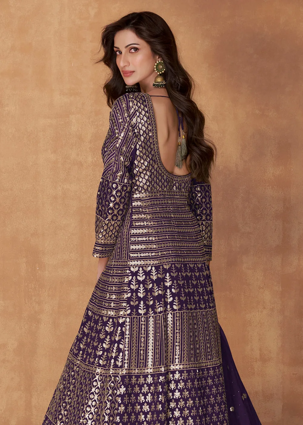 Plum Purple Skirt Style Embroidered Wedding Anarkali Suit