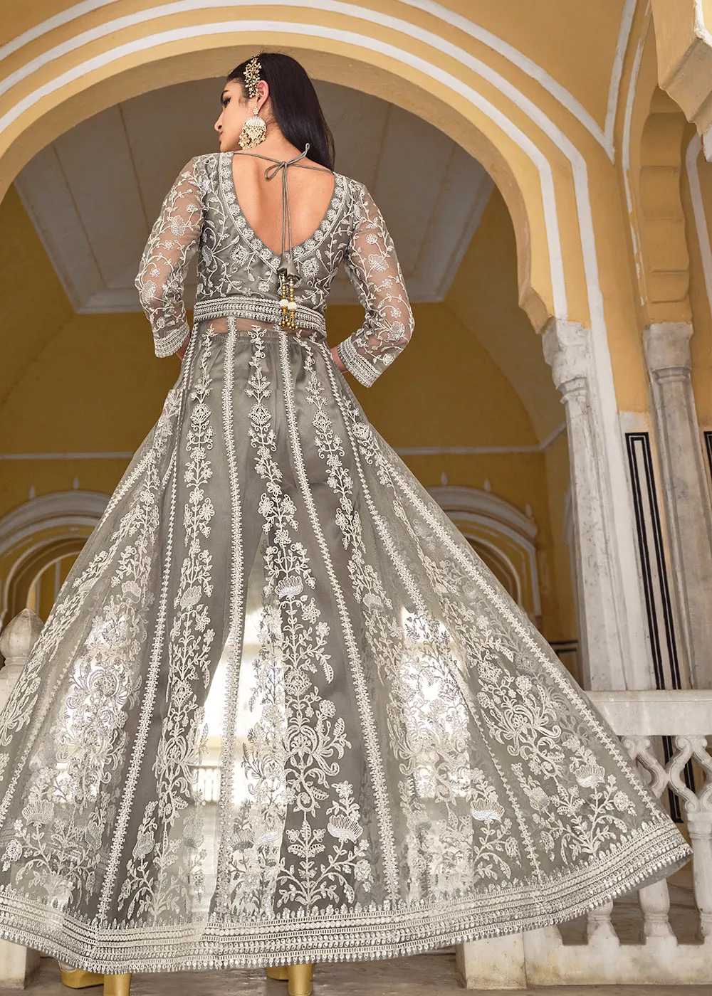 Powder Grey Skirt & Pant Style Designer Anarkali Suit