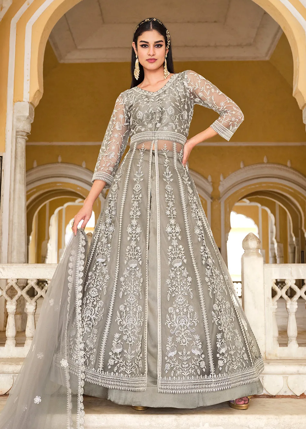 Powder Grey Skirt & Pant Style Designer Anarkali Suit