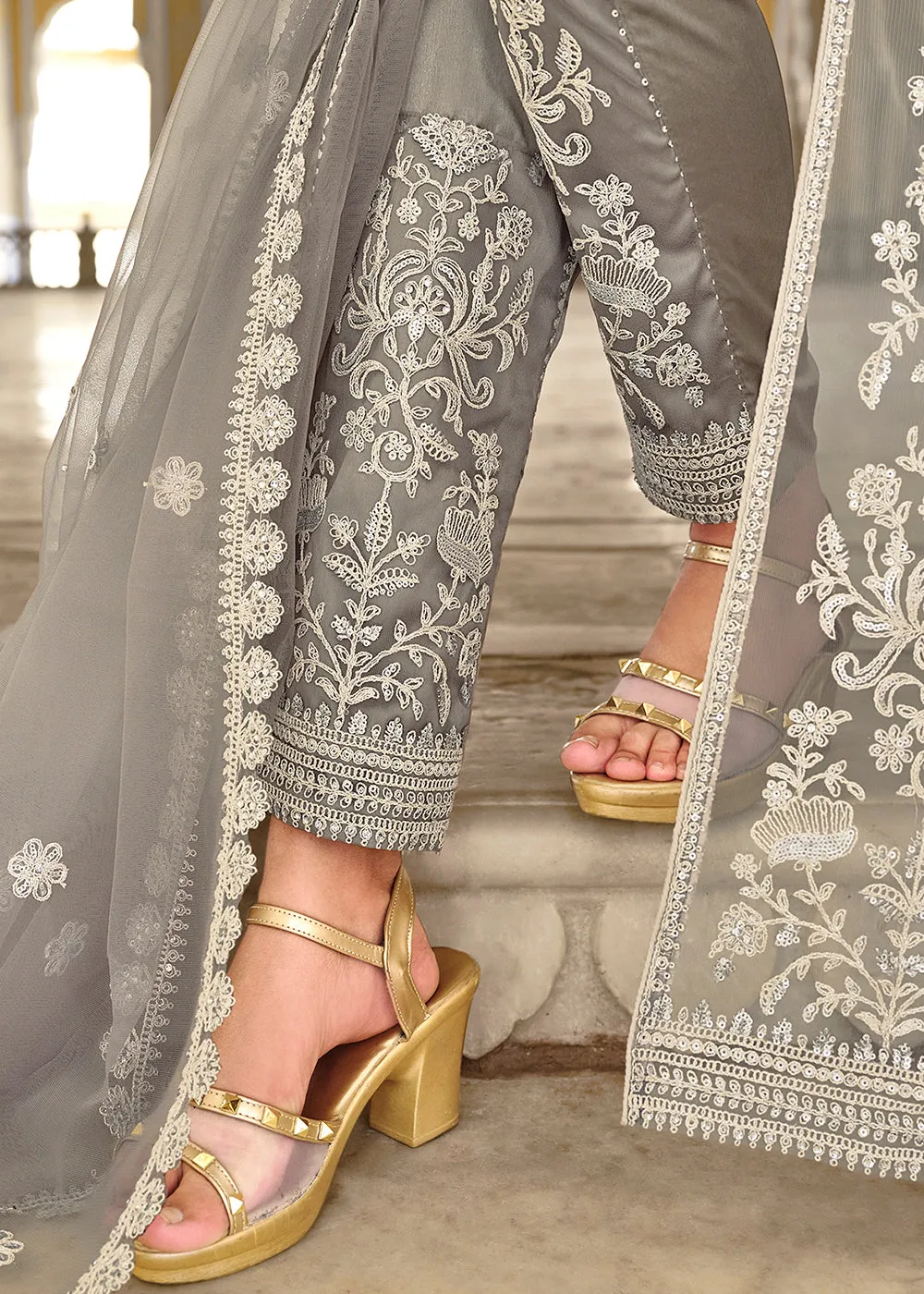 Powder Grey Skirt & Pant Style Designer Anarkali Suit