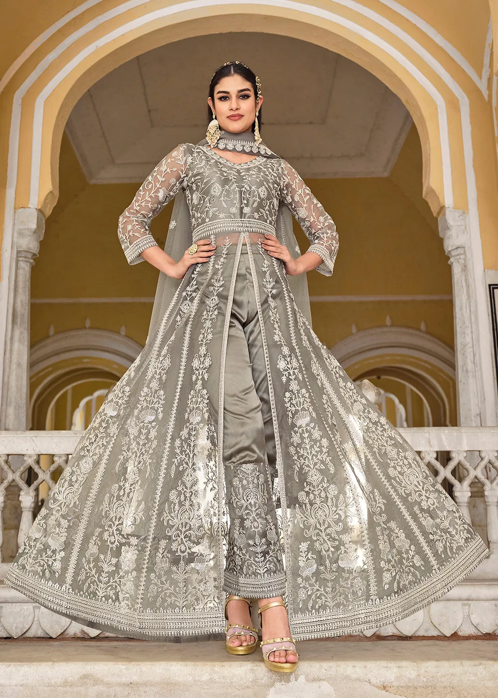 Powder Grey Skirt & Pant Style Designer Anarkali Suit