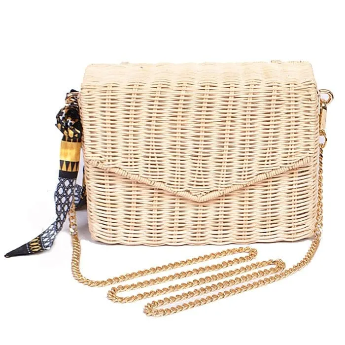 PPC6504 Square Rattan & Scarf Detail Handbag/Crossbody