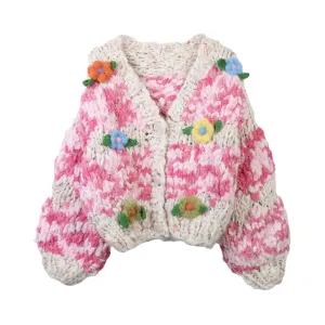 Pre Order:  Colorful Handmade Flower Long Sleeved Loose Knitted Cardigan