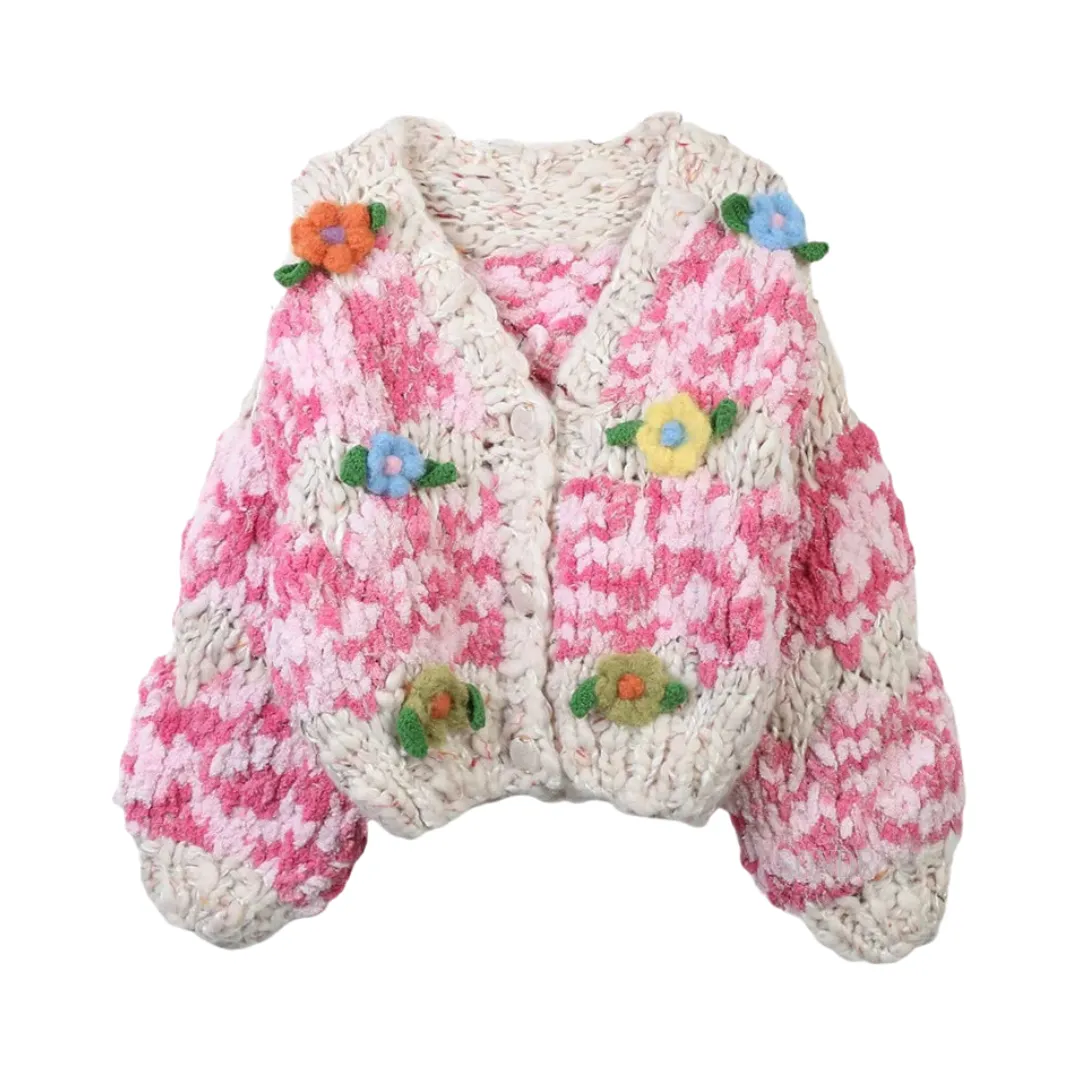 Pre Order:  Colorful Handmade Flower Long Sleeved Loose Knitted Cardigan