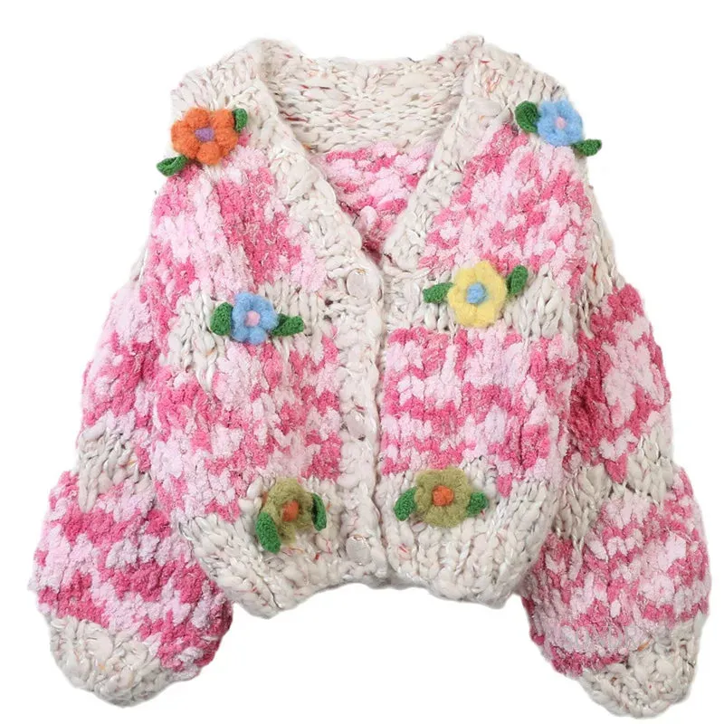 Pre Order:  Colorful Handmade Flower Long Sleeved Loose Knitted Cardigan