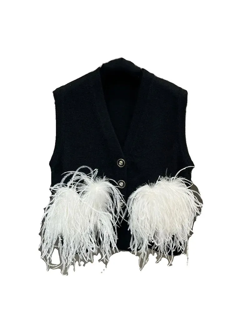 Pre Order:  Spliced Feather Single Breasted Knitted Vest