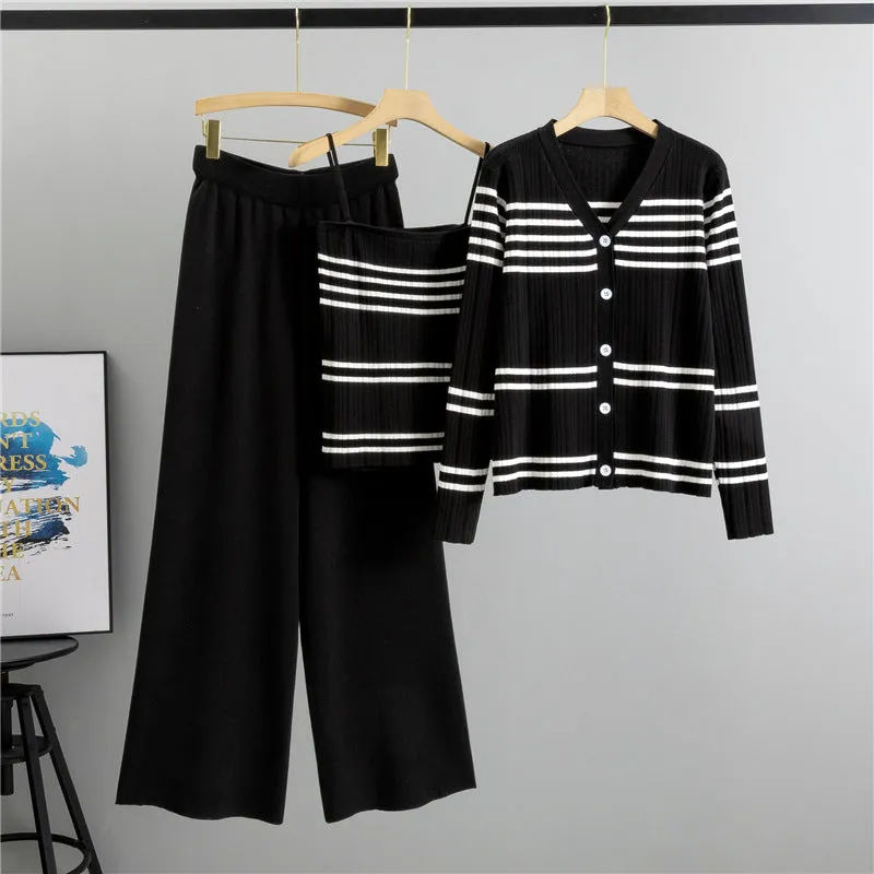 Pre Order:  Striped Knitted Cardigan Camisole High Waist Pants Set