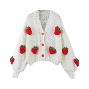 Pre Order:  V-Neck Lantern Sleeve Strawberry Coarse Knitted Cardigan