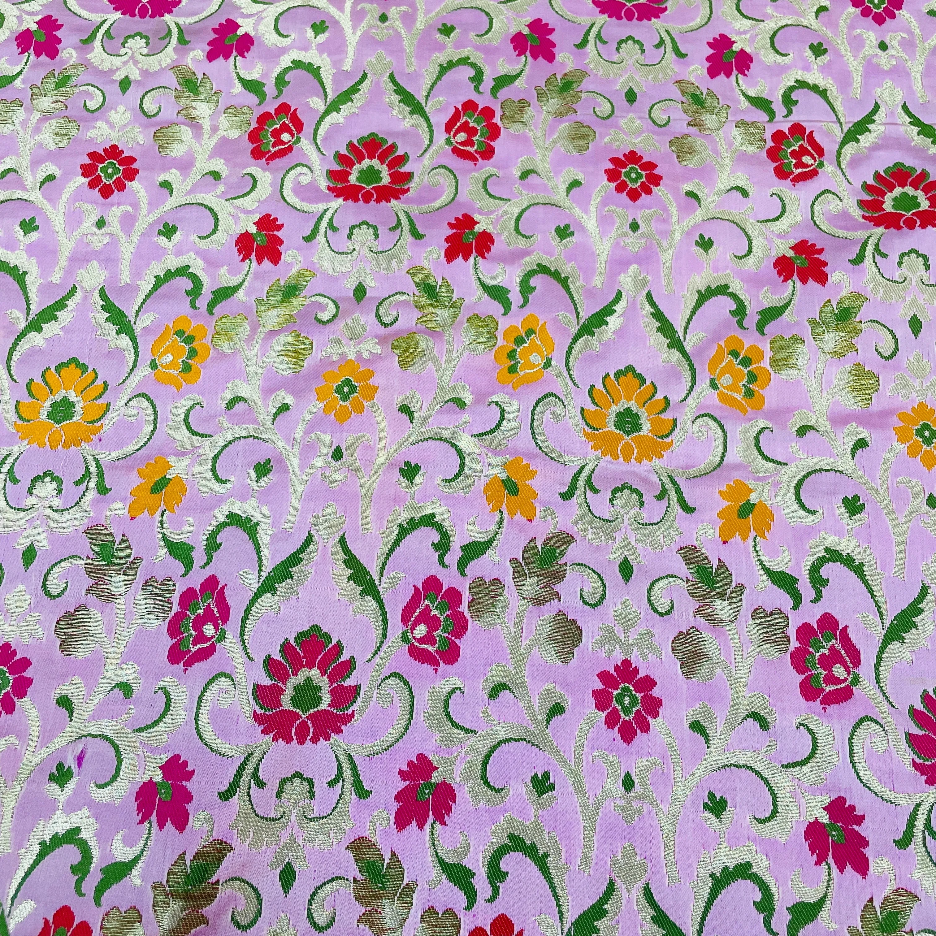 Premium Baby Pink Floral Zari Khimkhwab Banarasi Silk Fabric