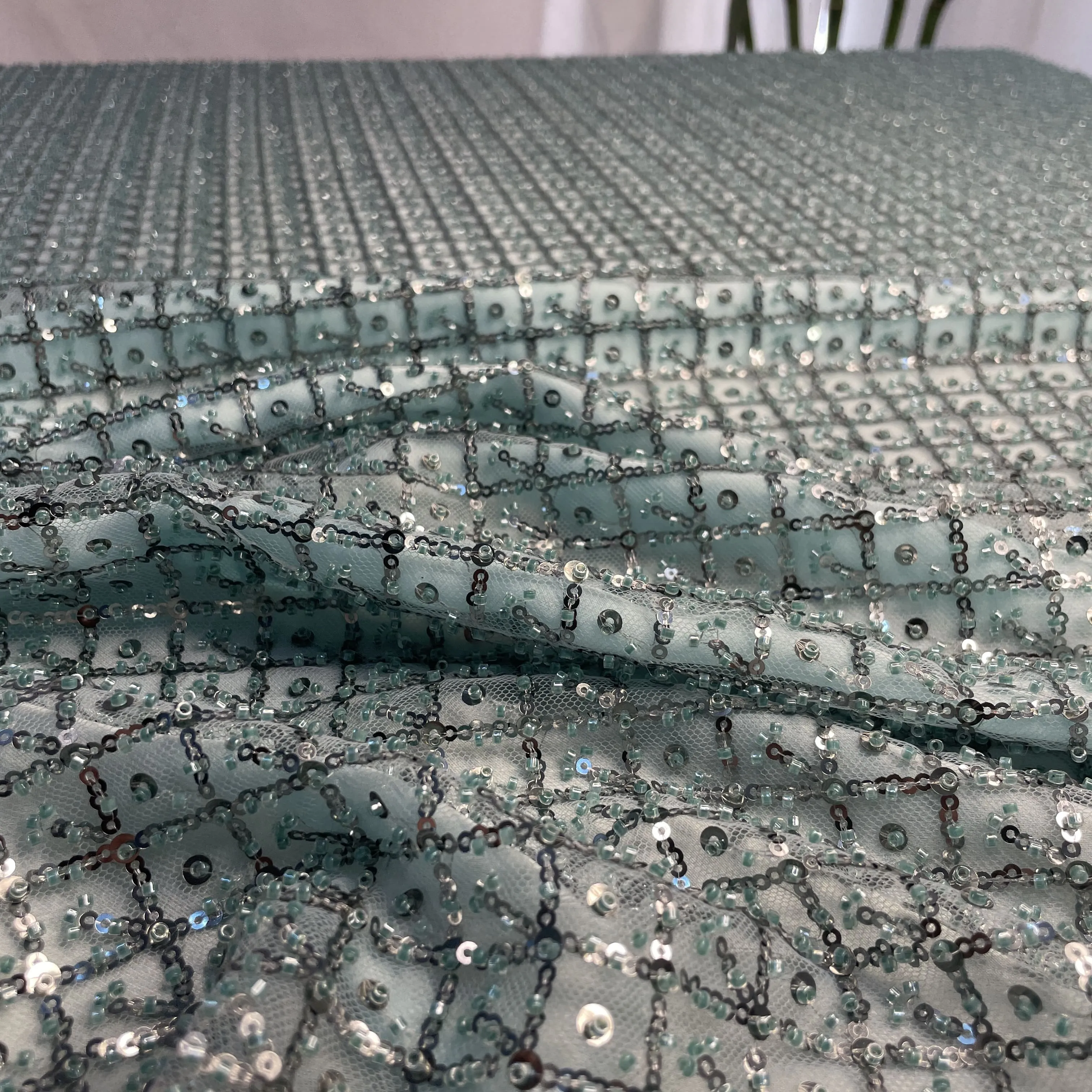 Premium Glacier Green Heavy Pearl Sequins CutDana Embroidery Net Fabric