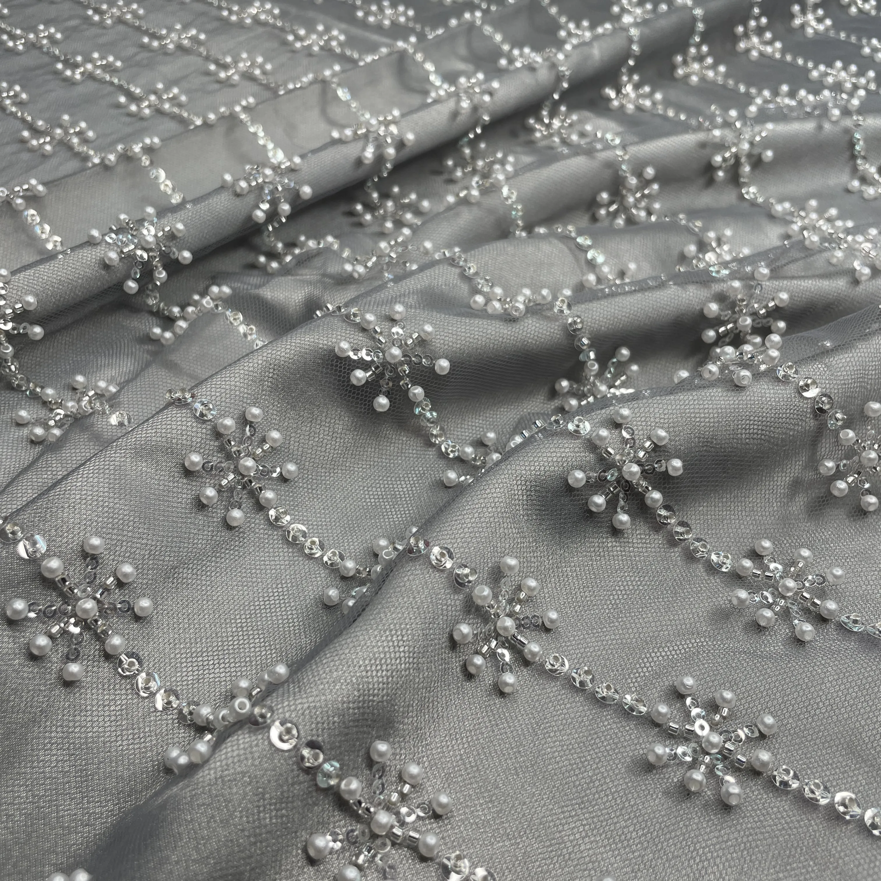 Premium Grey Pearl CutDana Embroidery Net Fabric