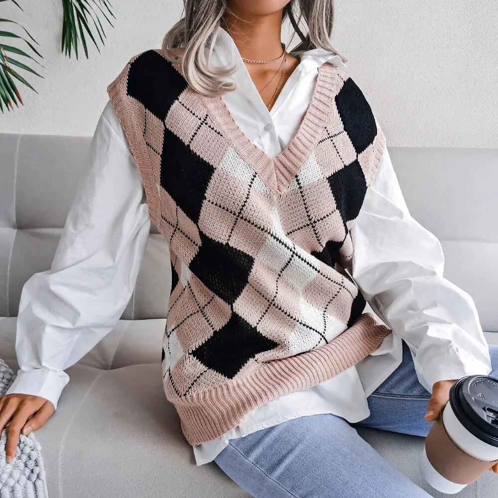 Preppy Style V Neck Argyle Pattern Jacquard Knit Sweater Vest