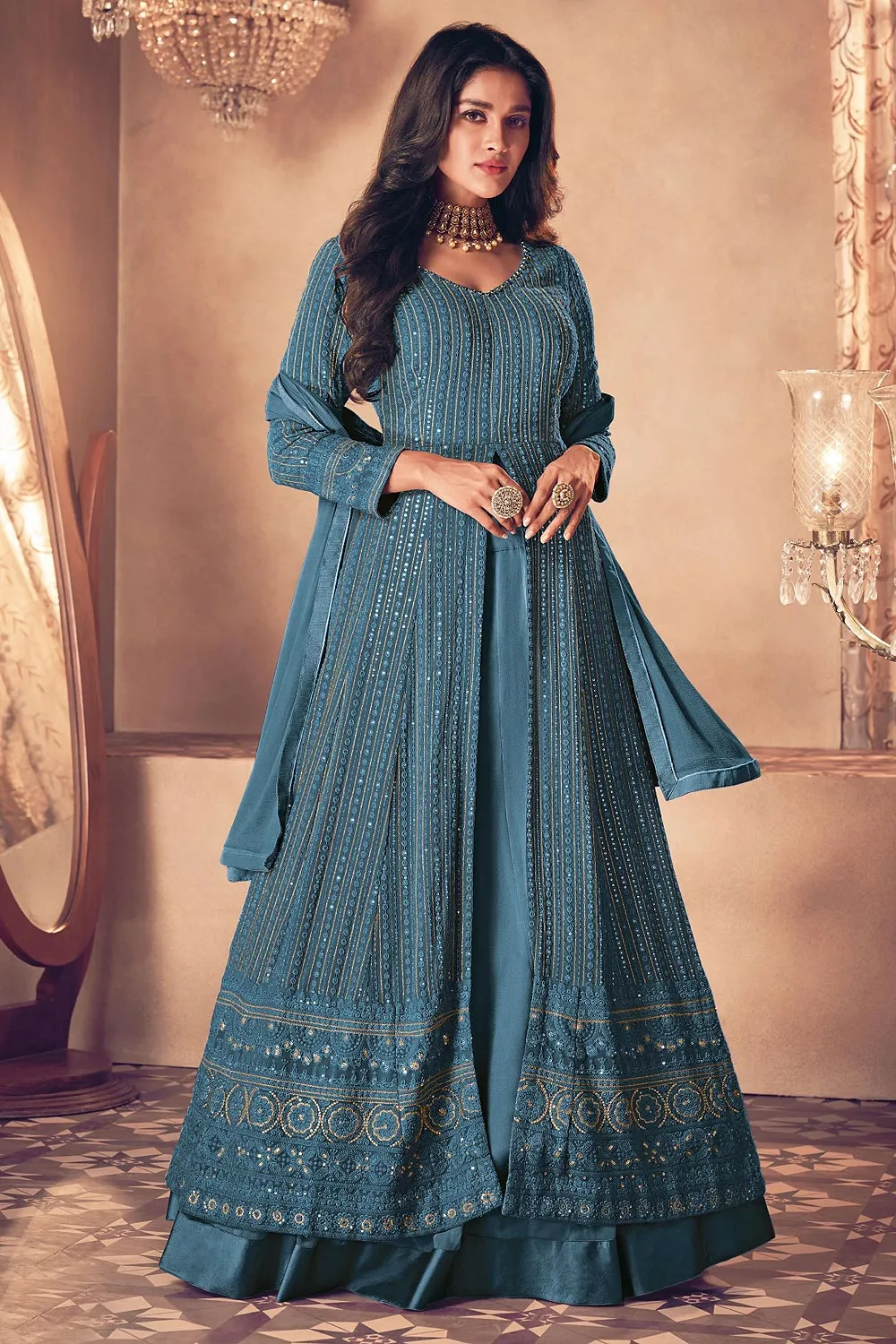 Prussian Blue Floor Length Sequins Work Anarkali Suit