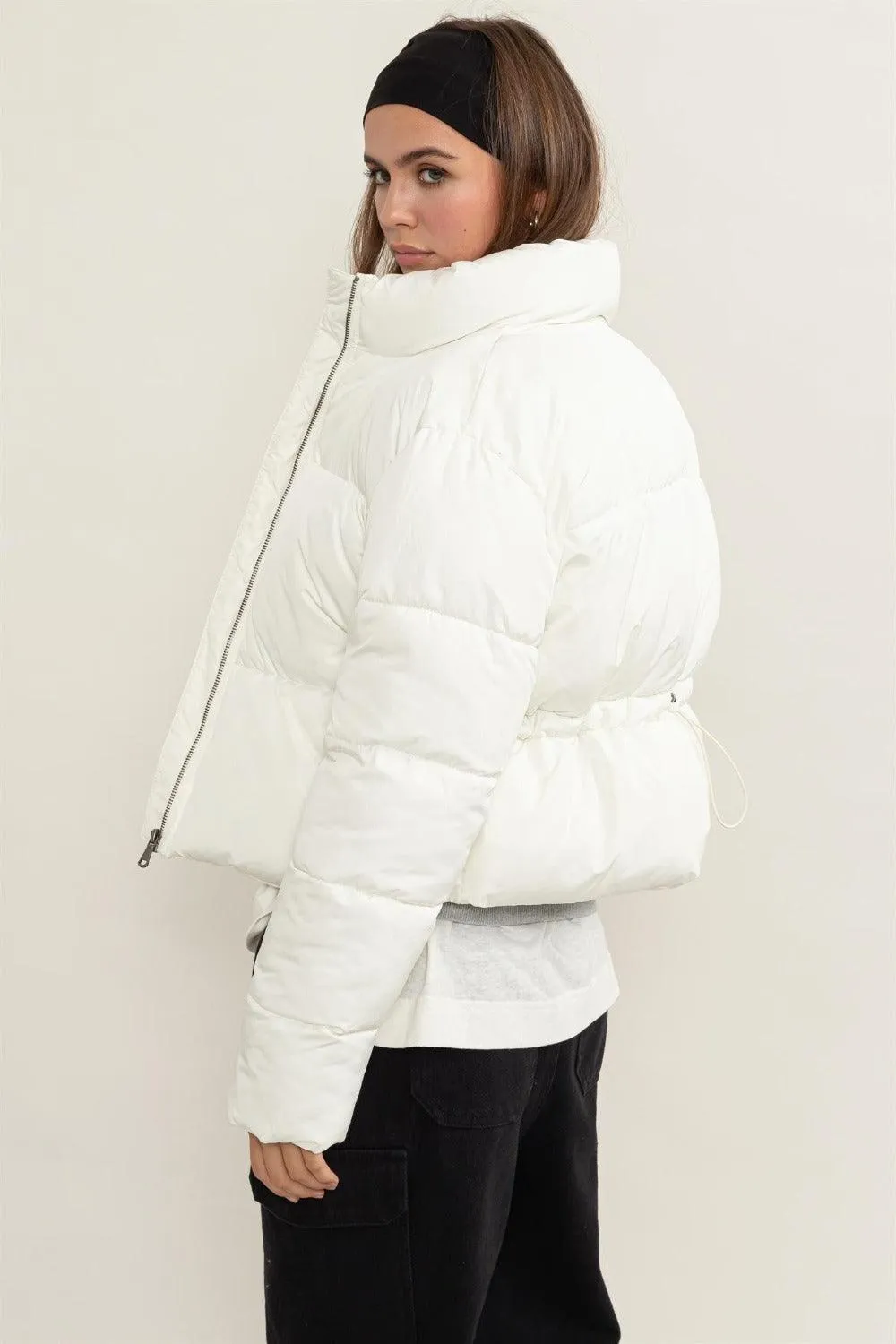 Puffer Jacket US HYFVE Quilted Back Drawstring Long Sleeve Coat