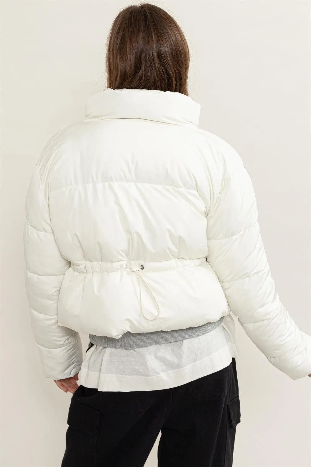 Puffer Jacket US HYFVE Quilted Back Drawstring Long Sleeve Coat