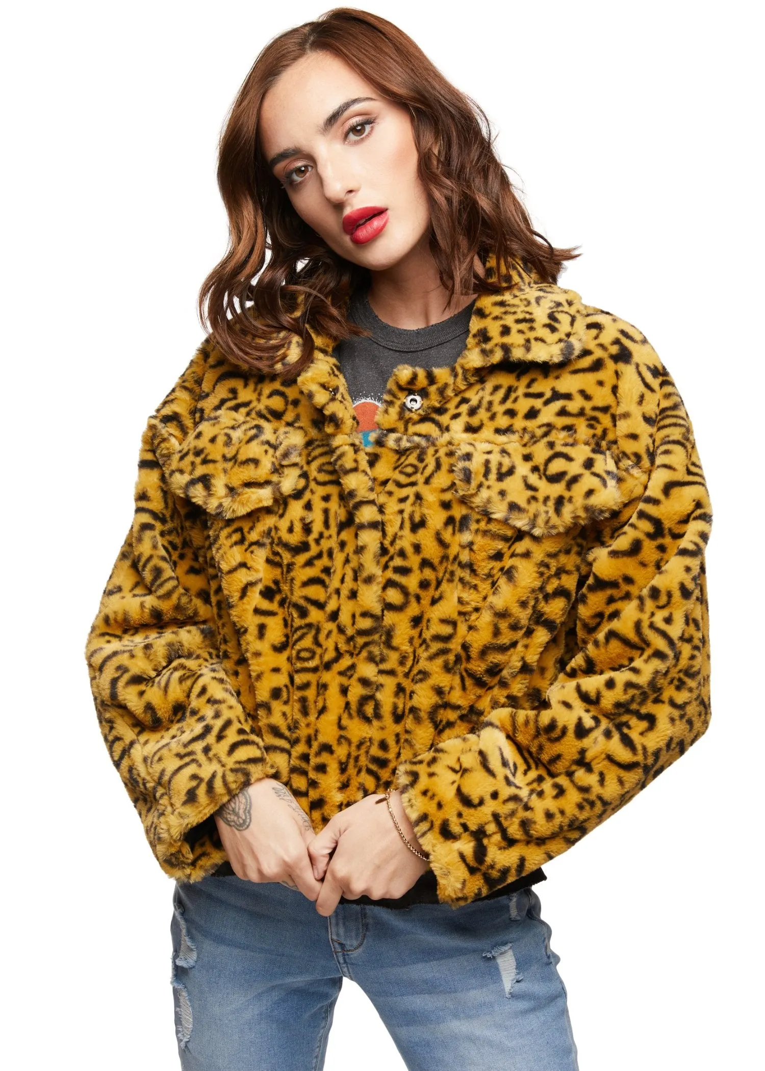 Rapture Yellow Leopard Print Faux Fur Coat Jacket