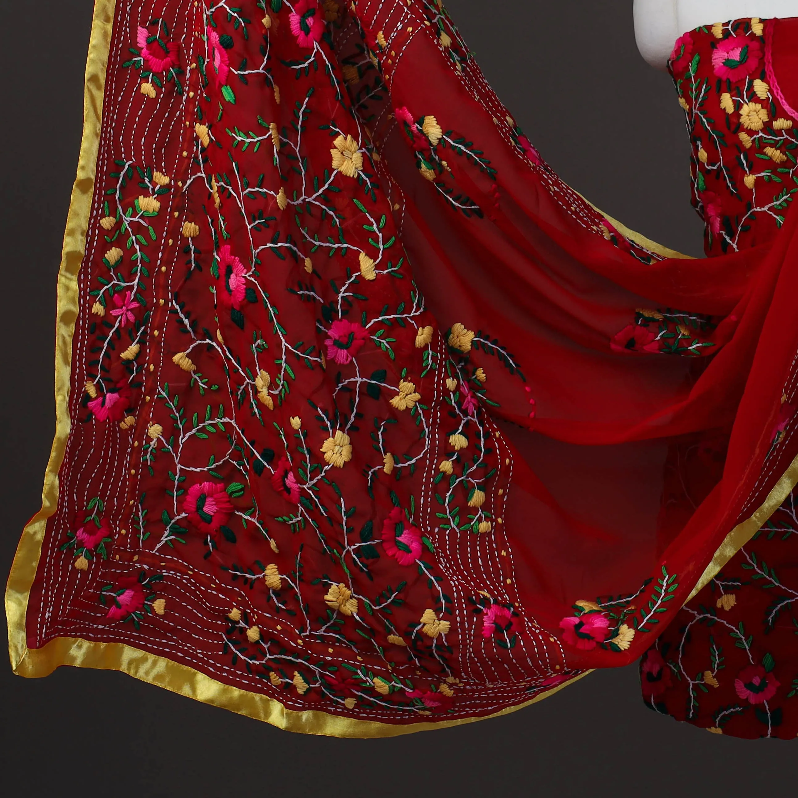 Red - 3pc Hand Embroidery Georgette Phulkari Dress Material 24