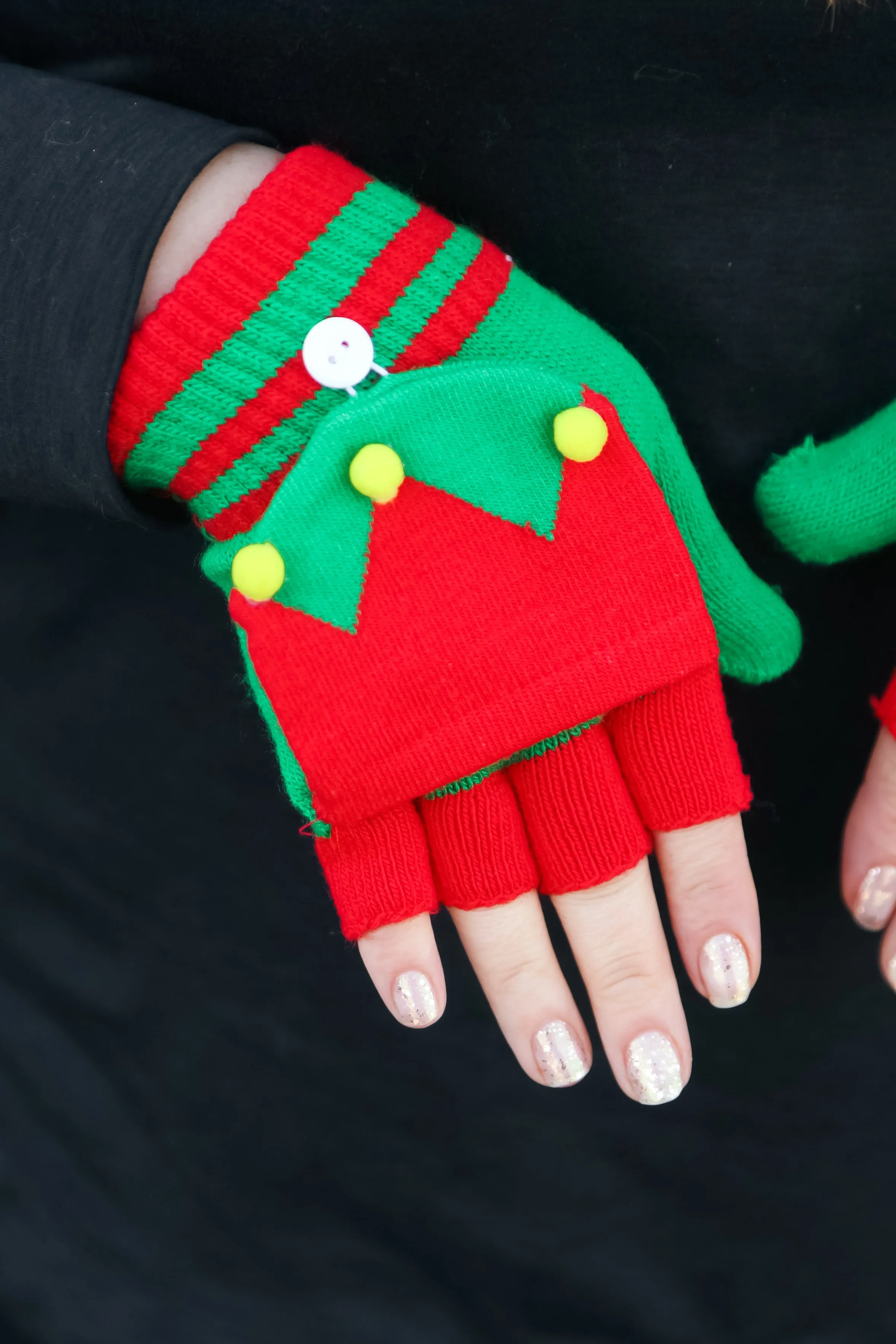 Red & Green Elf Fingerless Gloves with Convertible Mittens