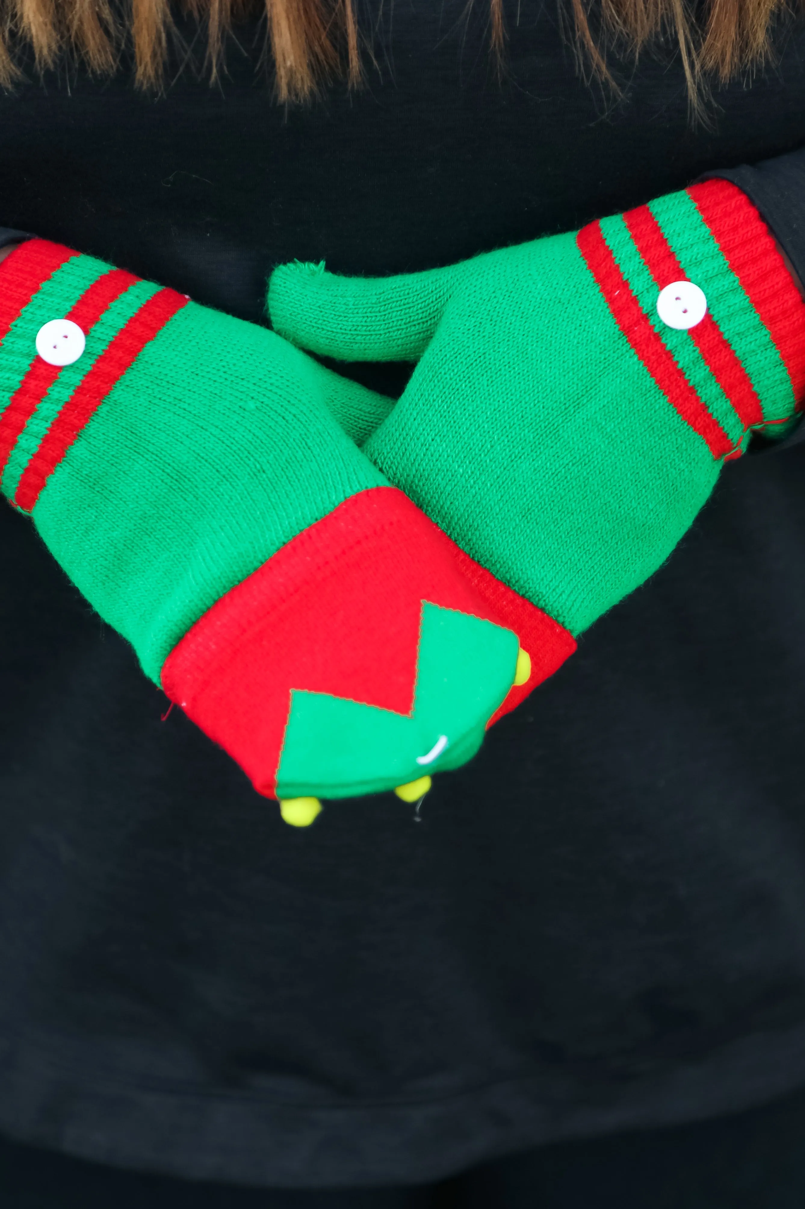 Red & Green Elf Fingerless Gloves with Convertible Mittens