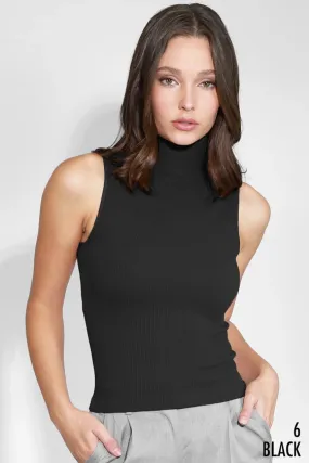 Ribbed Turtleneck Sleeveless Top - Black