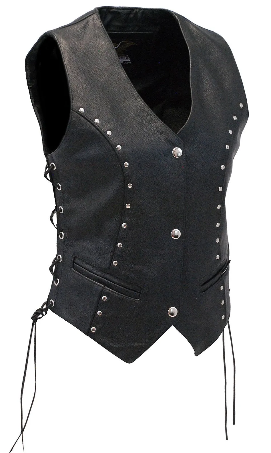 Rivet Stud Trim Side Lace Women's Leather Vest #VL2666SLK ()