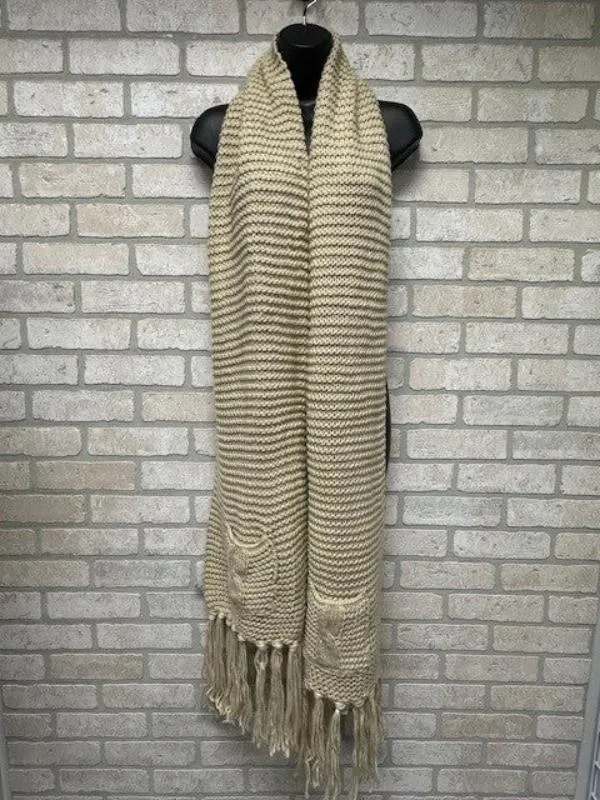 Scarf - Knitted Fringed Pockets - Ivory